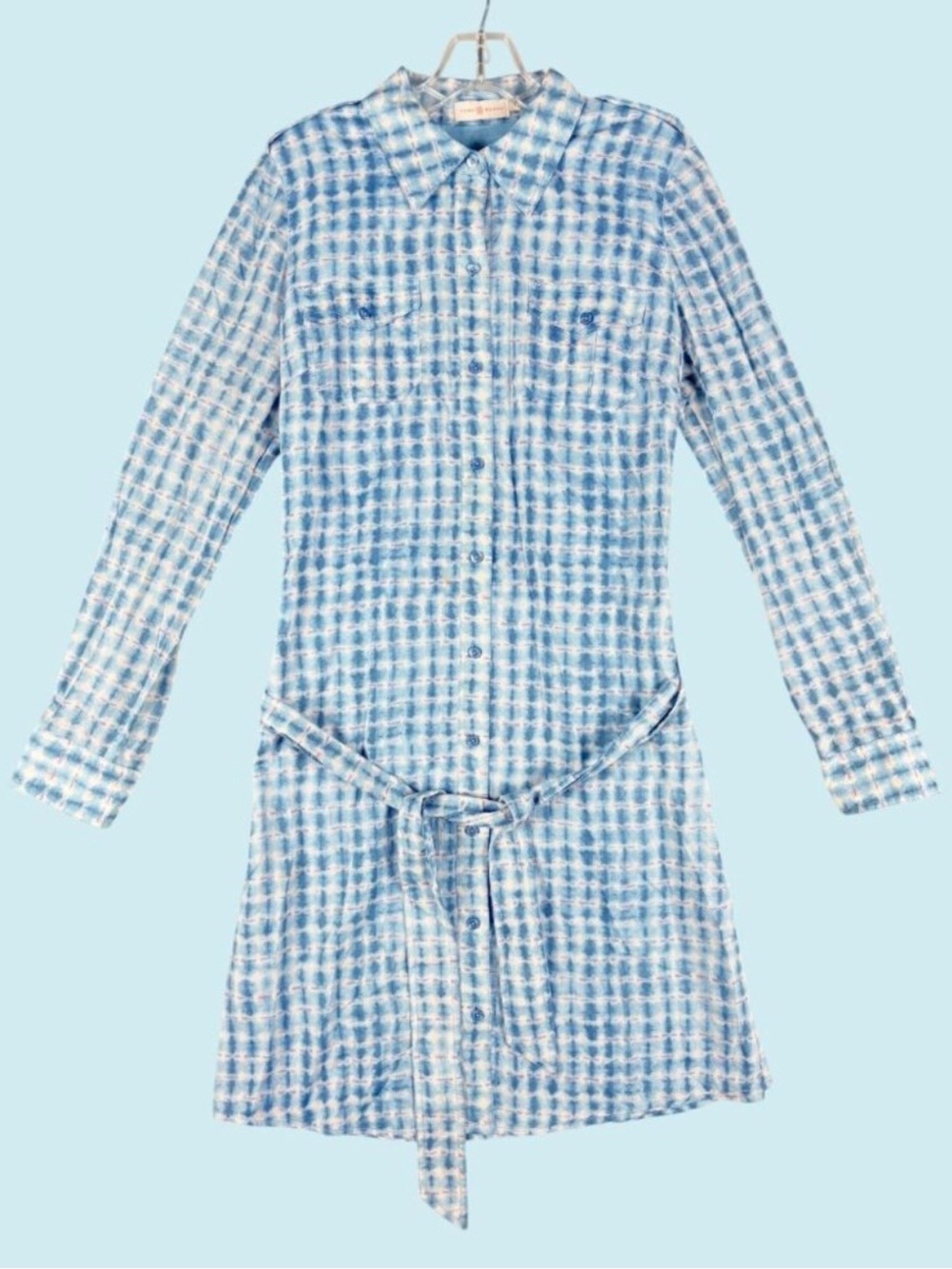 Tory Burch Blue Watercolor Belted Cotton Long Sleeve dress  size 12. NWOT